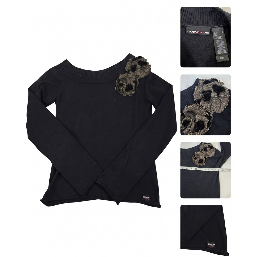 Vintage DKNY Jeans Whimsygoth Rosette Sweater Womens M/L Black Asymmetrical Top